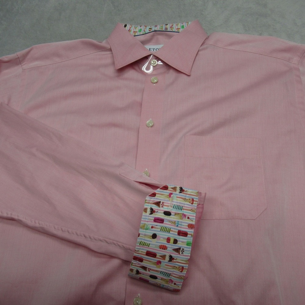 Eton Flip Cuff Dress Shirt Men 44 17.5 Pink Long Sleeve Classic Fit Button Up